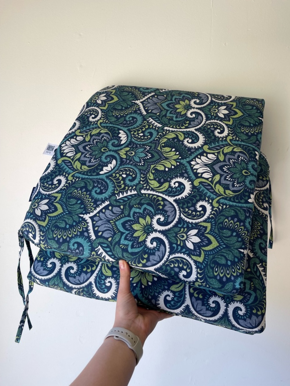 Teal & Navy Floral Paisley Seat Cushion, 18”x19”, new